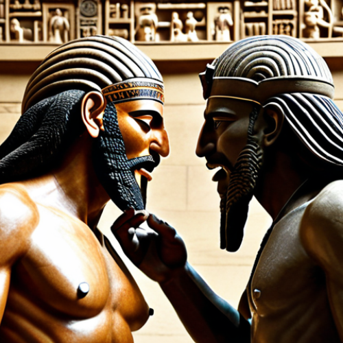 **

Sumerian gods Enki and Ninhursag interacting, hinting at a playful deception. Focus on the human-like qualities of the gods. British Museum in the background.

**