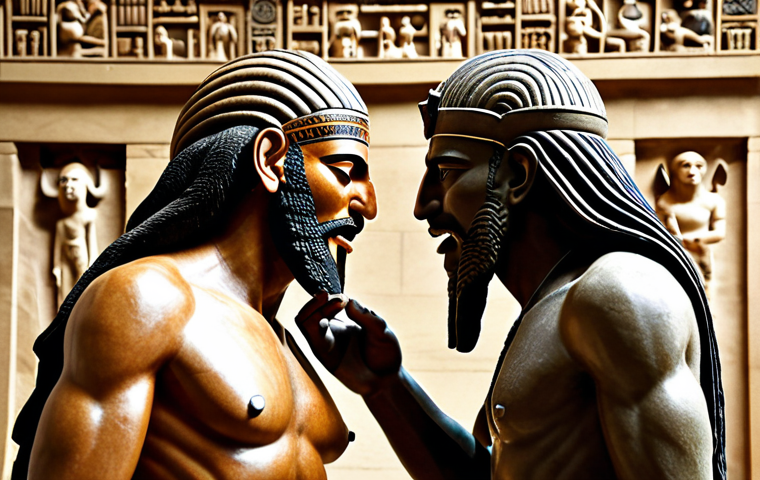 **

Sumerian gods Enki and Ninhursag interacting, hinting at a playful deception. Focus on the human-like qualities of the gods. British Museum in the background.

**